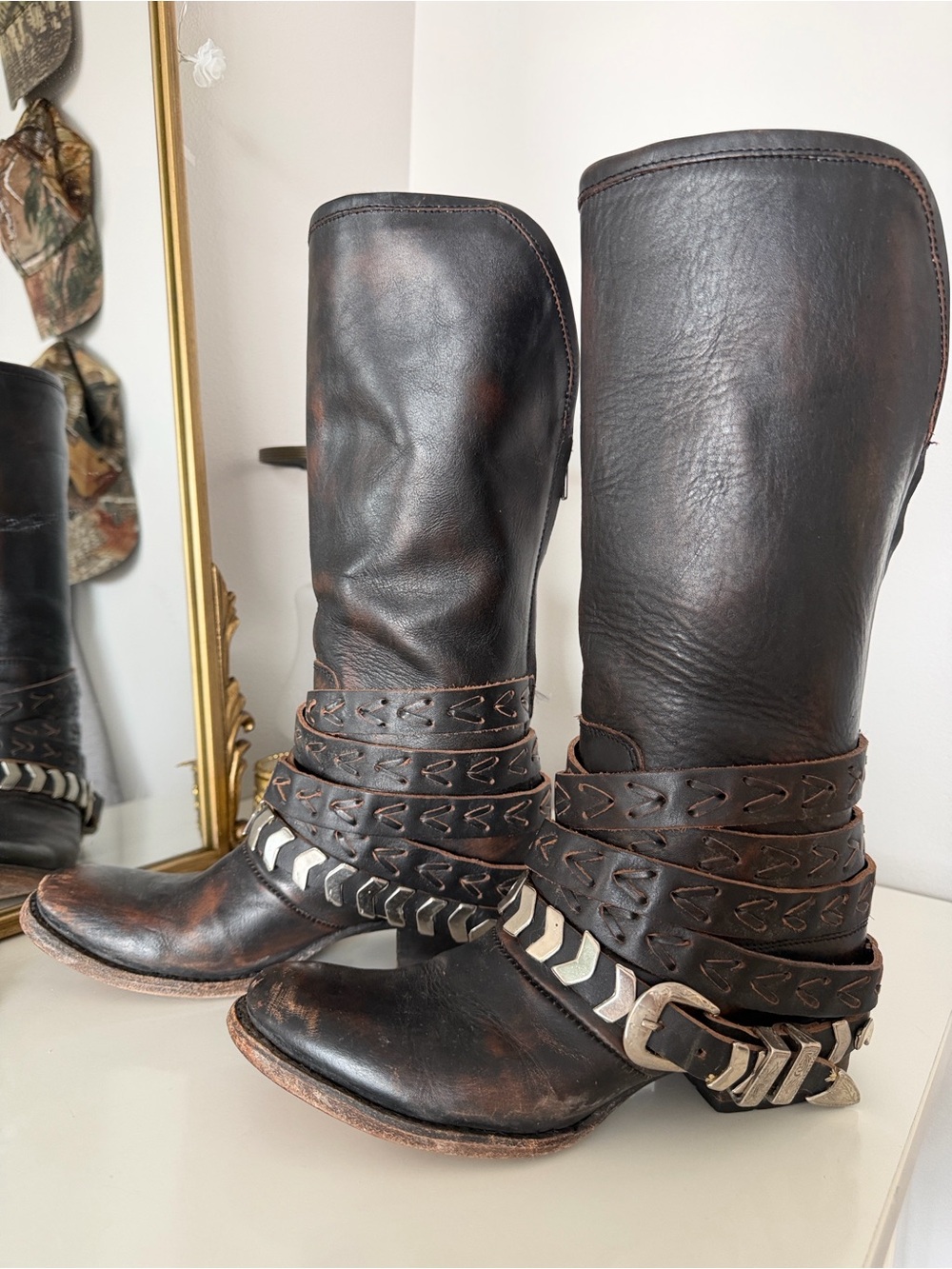 freebird Distressed Dark Brown Leather Mid-Calf Boots with Studded Wrap Straps - Picture 2 of 6